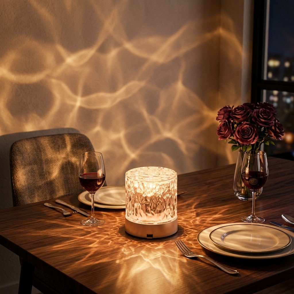 Lumiqia water ripple sunset projector lamp glowing on dining table
