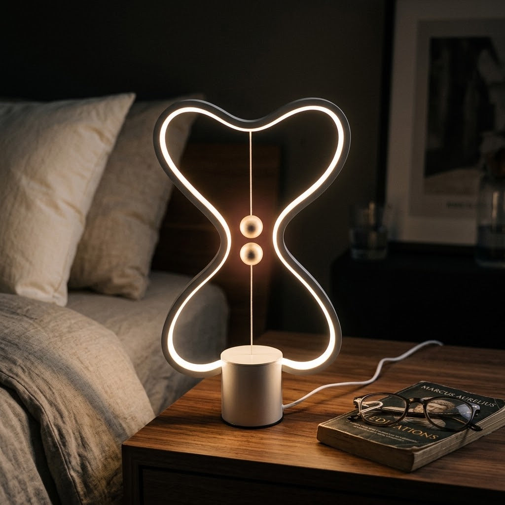 Lumiqia floating balance LED night lamp glowing on nightstand