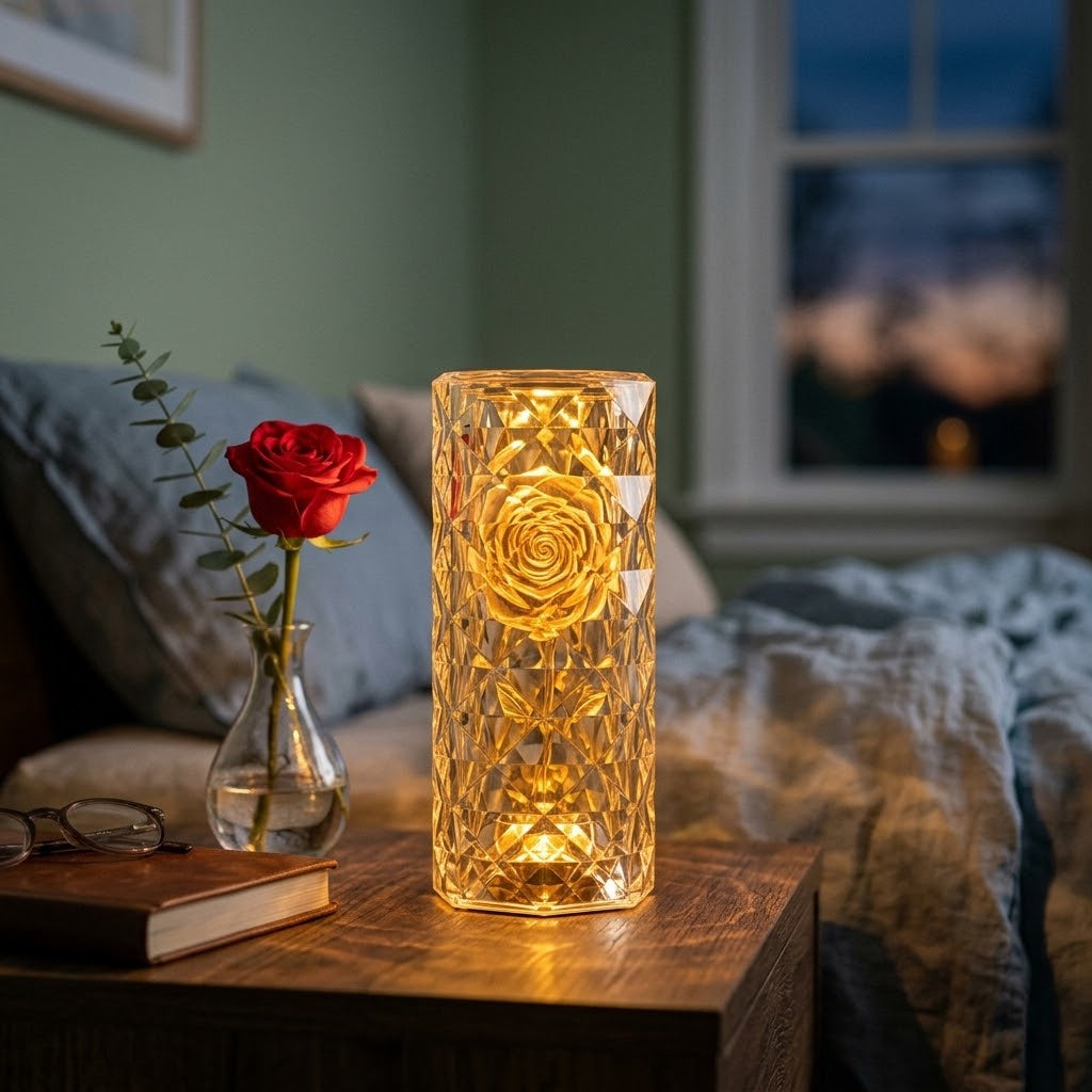 Lumiqia LED rose diamond table lamp glowing on nightstand