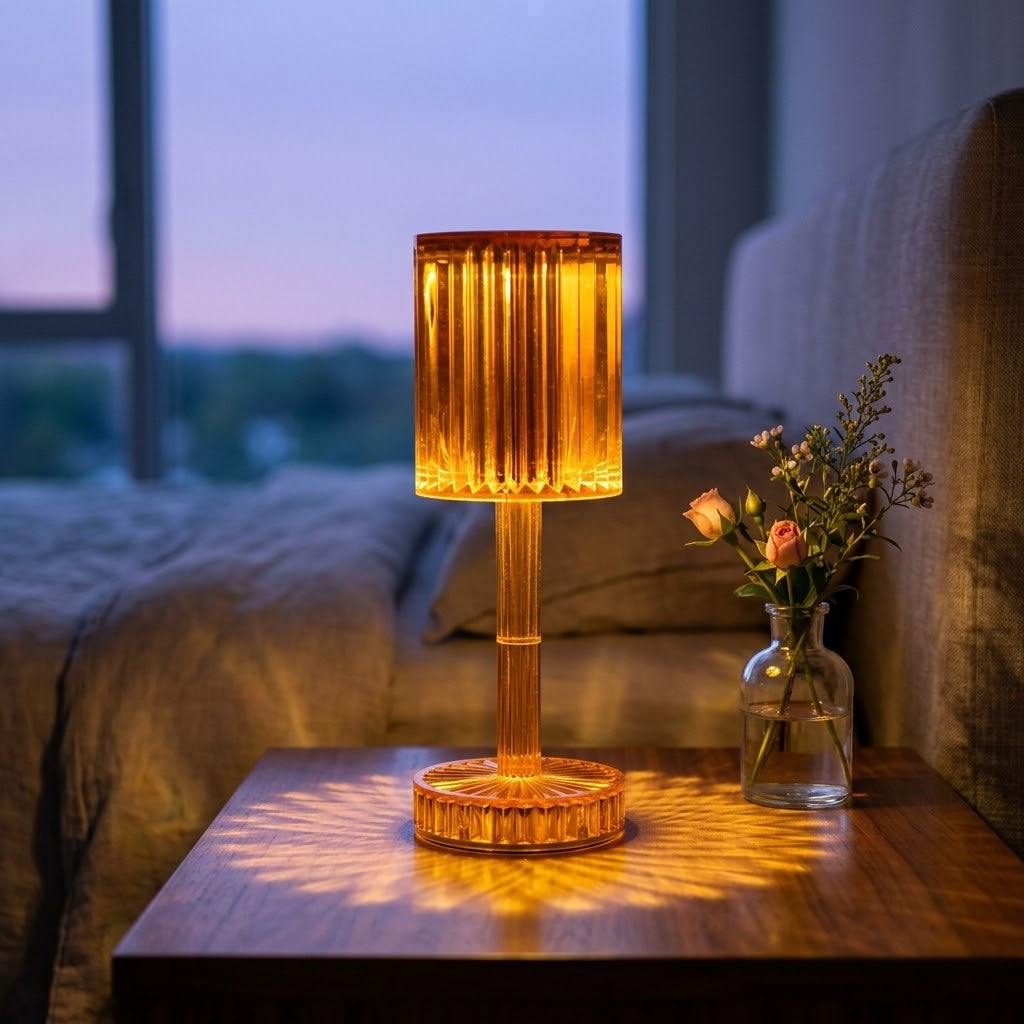 Lumiqia crystal touch dimmable table lamp glowing on nightstand