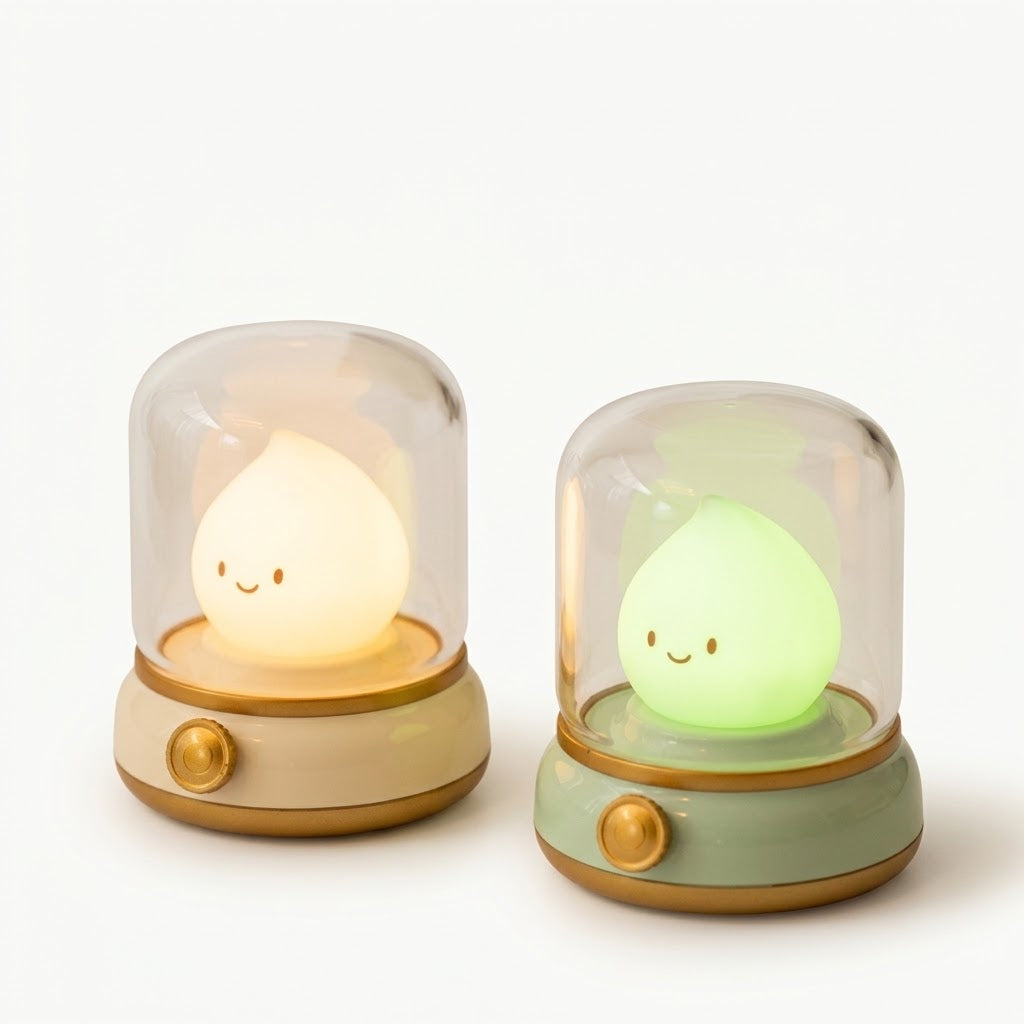 Lumiqia retro oil lamp style LED night light glowing on bedside table