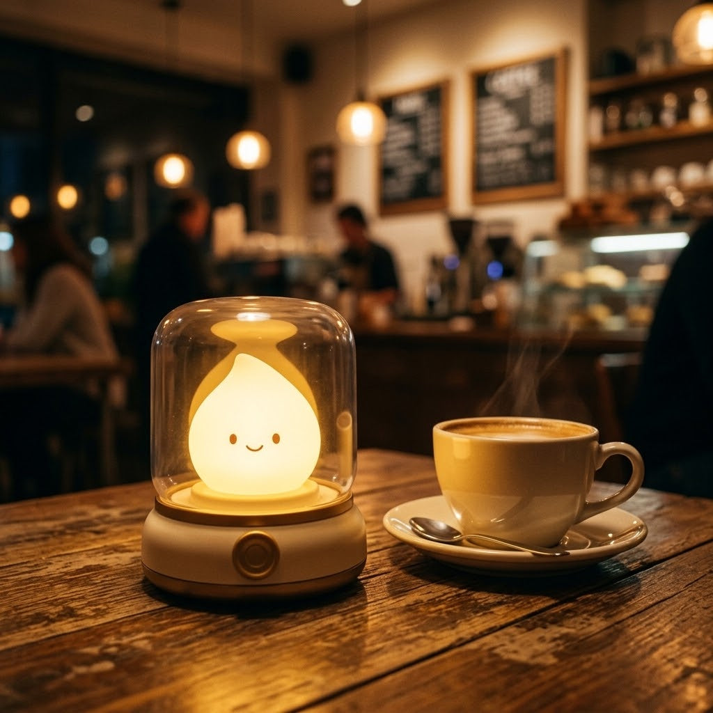 Lumiqia retro oil lamp style LED night light glowing on bedside table