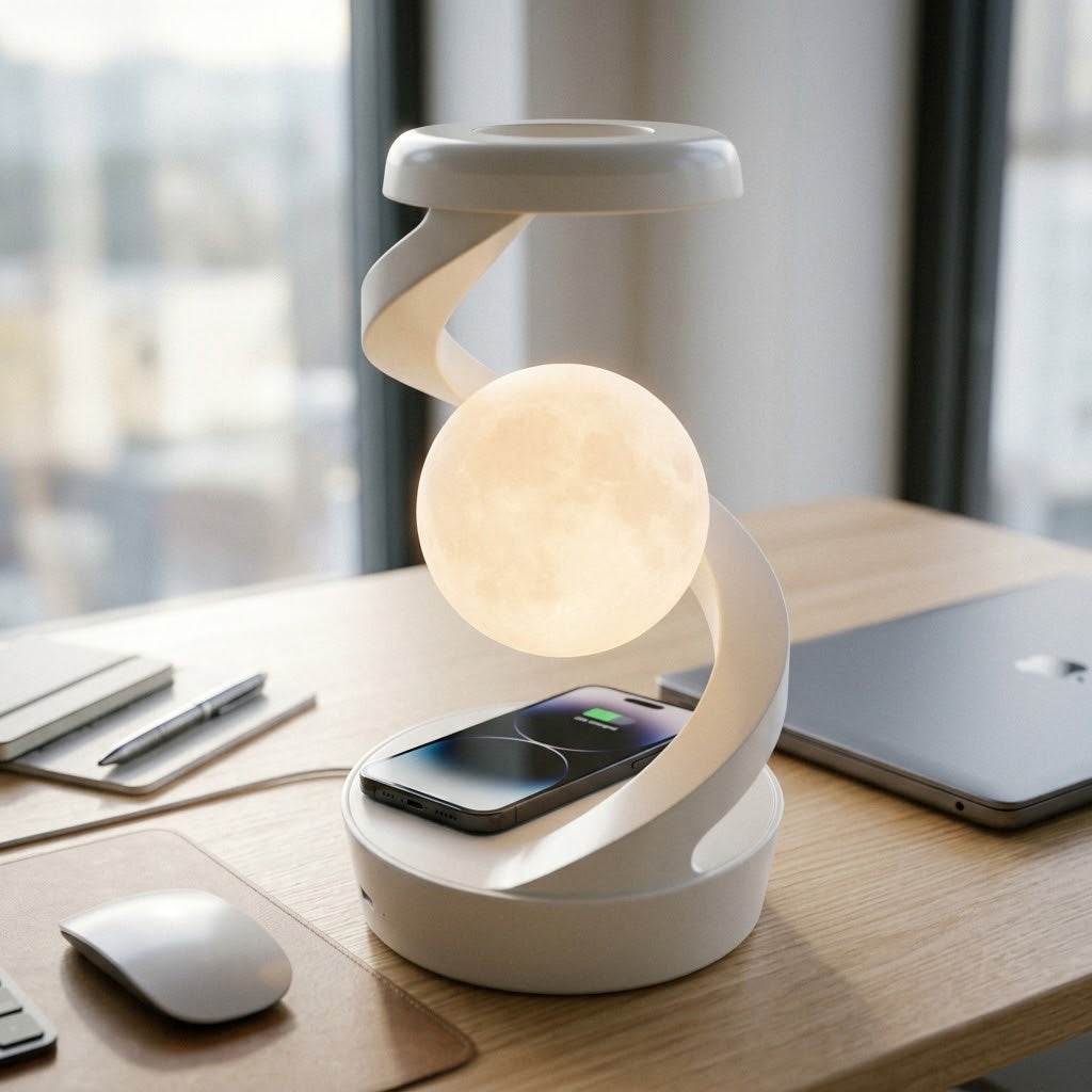 Lumiqia rotating moon lamp with wireless phone charger on nightstand