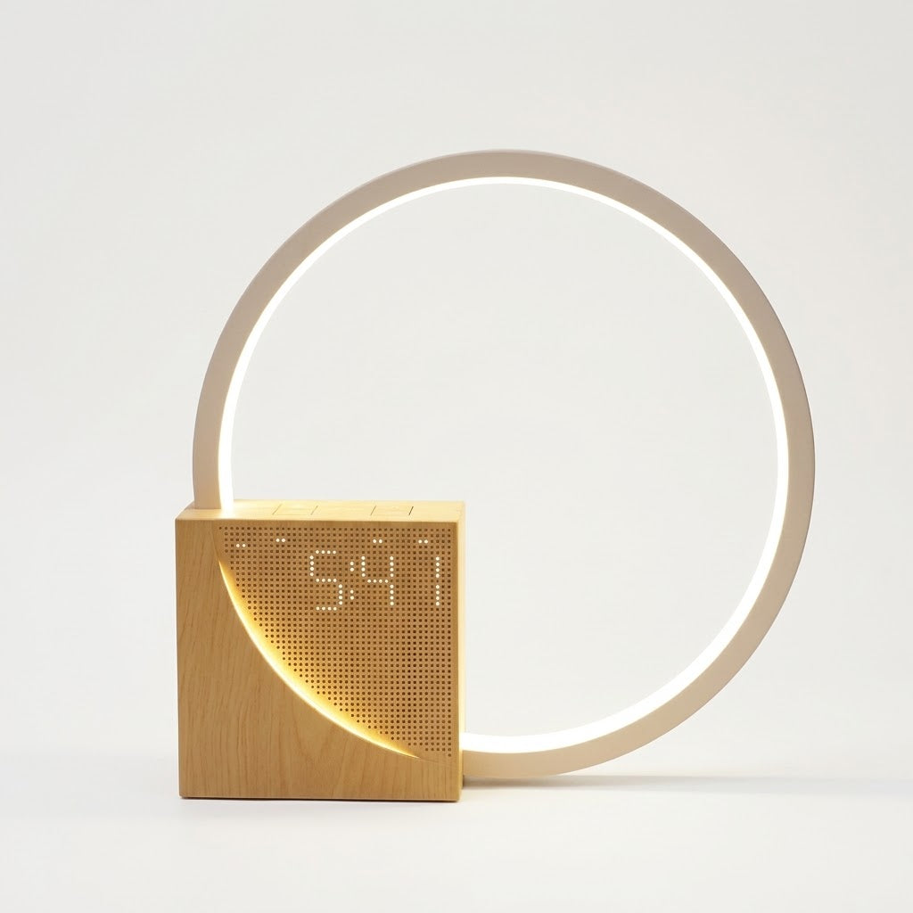 Lumiqia touch bedside lamp with alarm clock and natural sounds glowing on nightstand