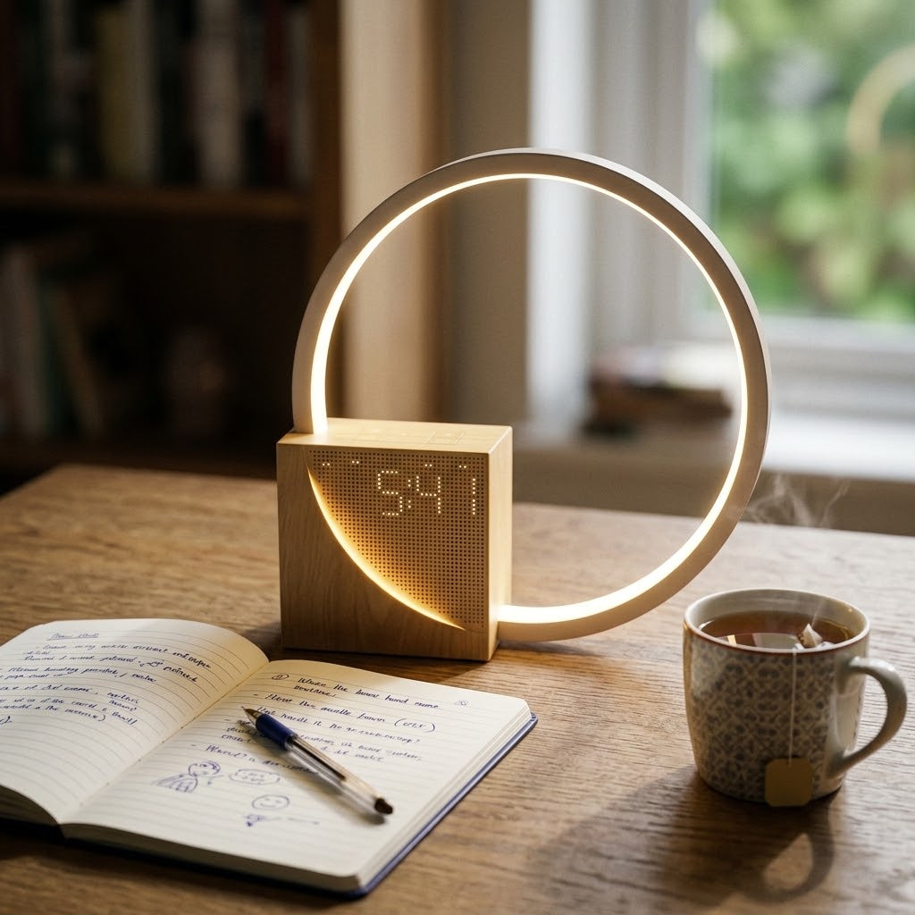 Lumiqia touch bedside lamp with alarm clock and natural sounds glowing on nightstand