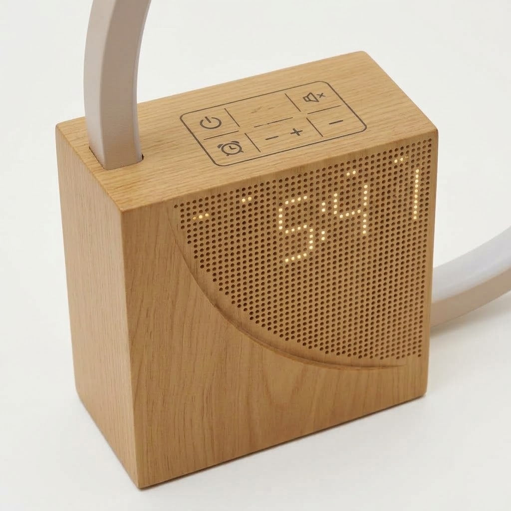 Lumiqia touch bedside lamp with alarm clock and natural sounds glowing on nightstand