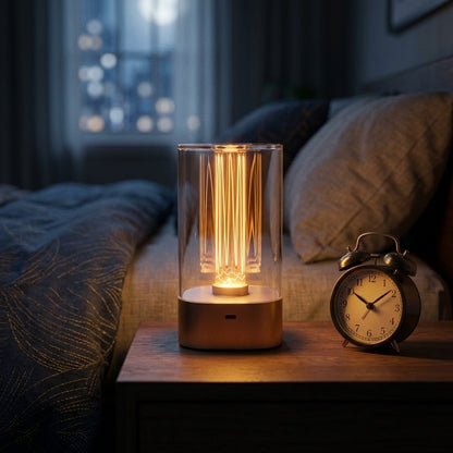 Lumiqia touch control LED bedside lamp glowing with rose gold finish