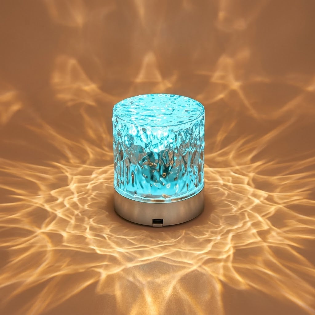 Lumiqia water ripple sunset projector lamp glowing on dining table