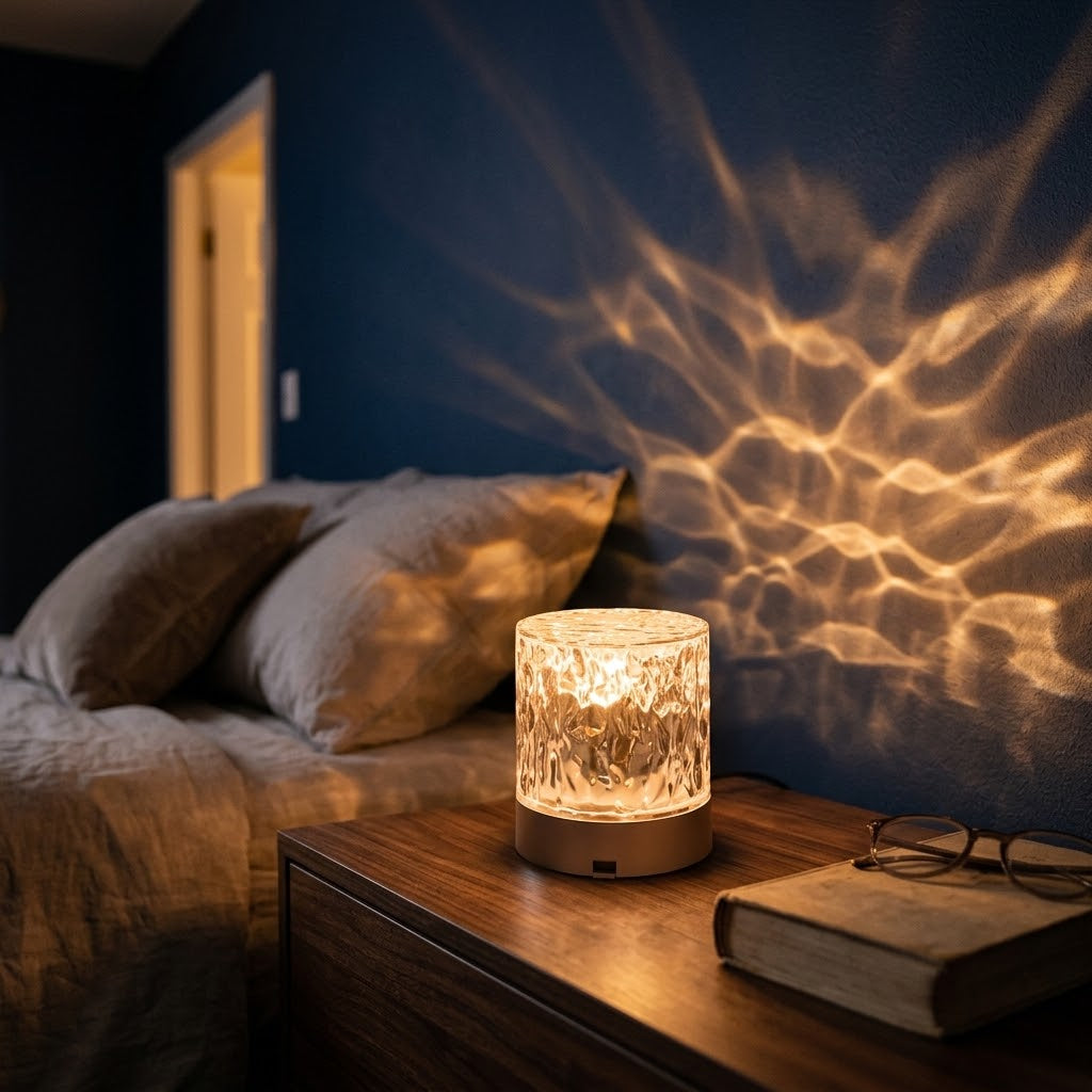 Lumiqia water ripple sunset projector lamp glowing on dining table