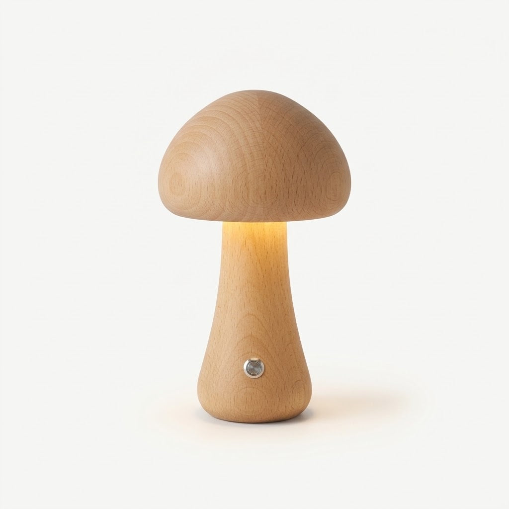 Lumiqia wooden mushroom LED night light glowing on bedside table
