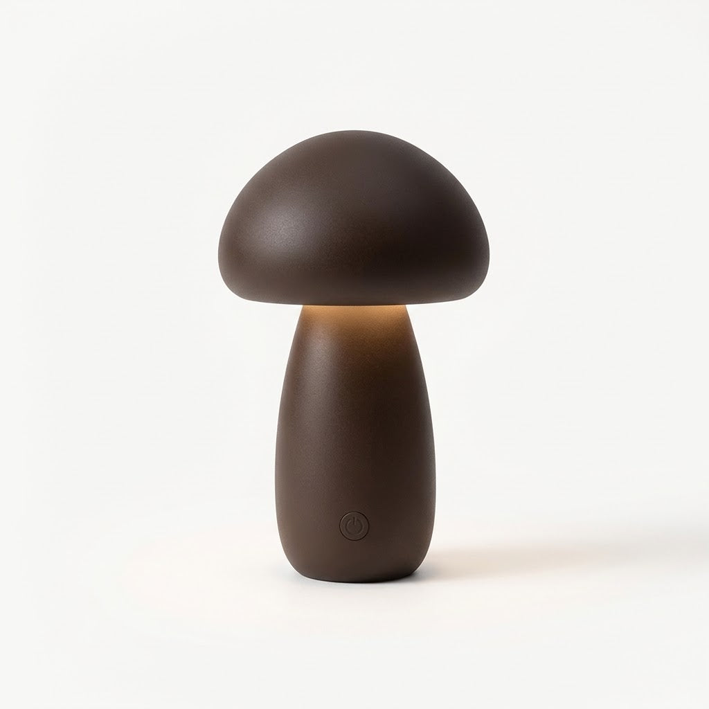 Lumiqia wooden mushroom LED night light glowing on bedside table