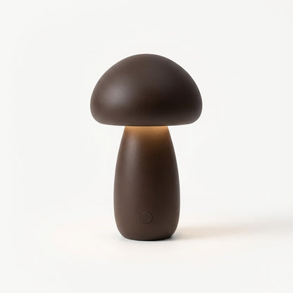 Lumiqia wooden mushroom LED night light glowing on bedside table
