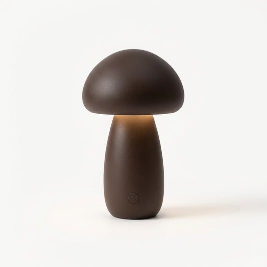 Lumiqia wooden mushroom LED night light glowing on bedside table