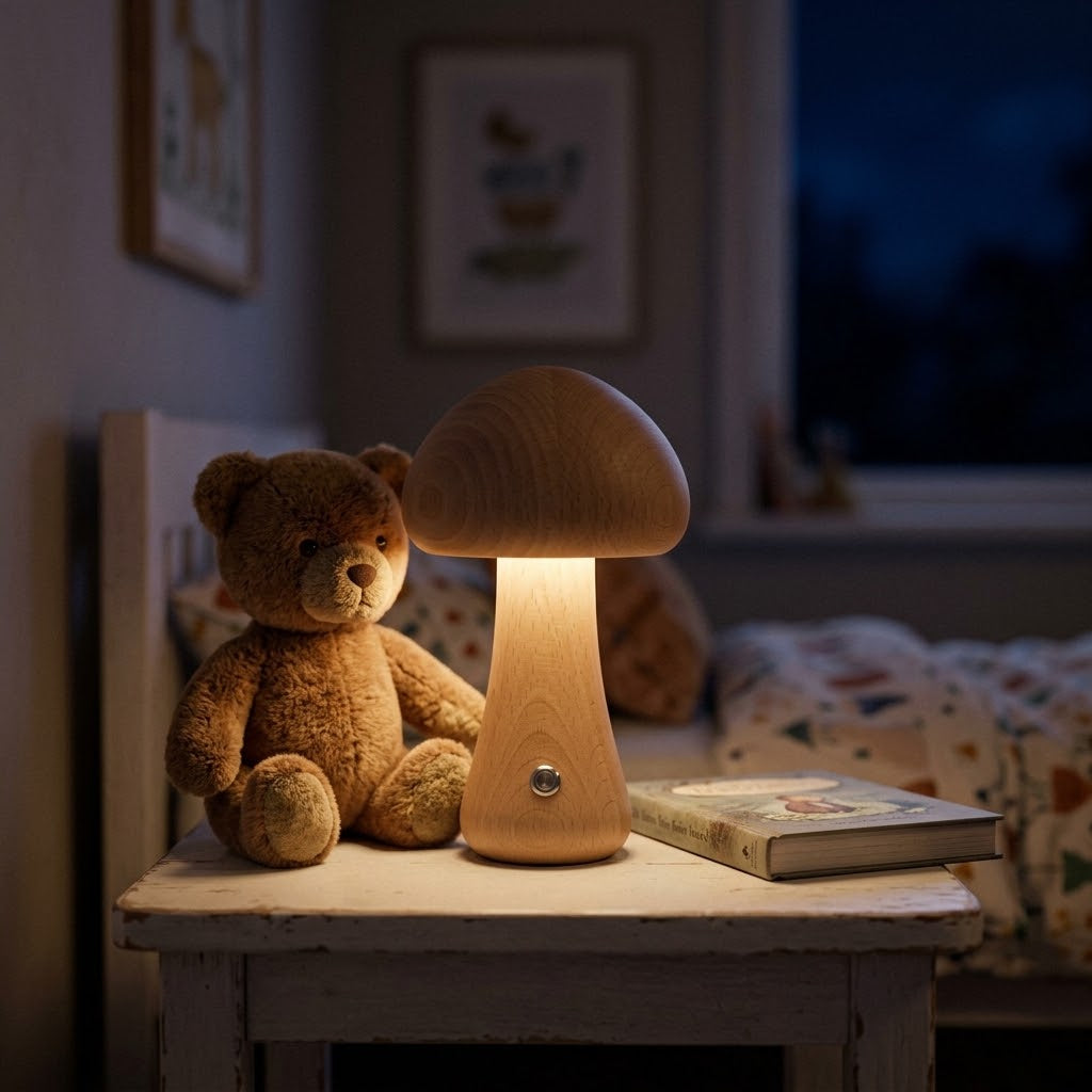 Lumiqia wooden mushroom LED night light glowing on bedside table