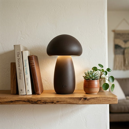 Lumiqia wooden mushroom LED night light glowing on bedside table