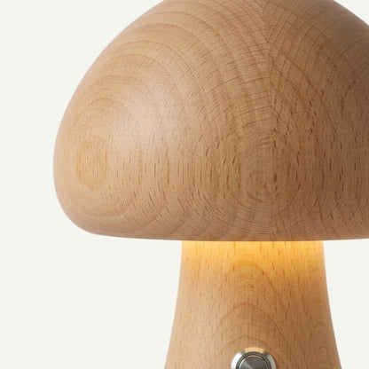 Lumiqia wooden mushroom LED night light glowing on bedside table